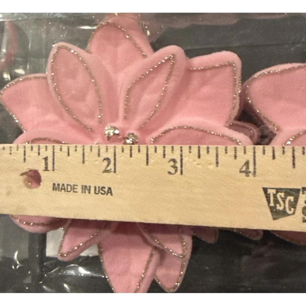 Pink Poinsettia Flocked Gold Glitter Shatterproof 4 Ornaments Christmas Tree NEW